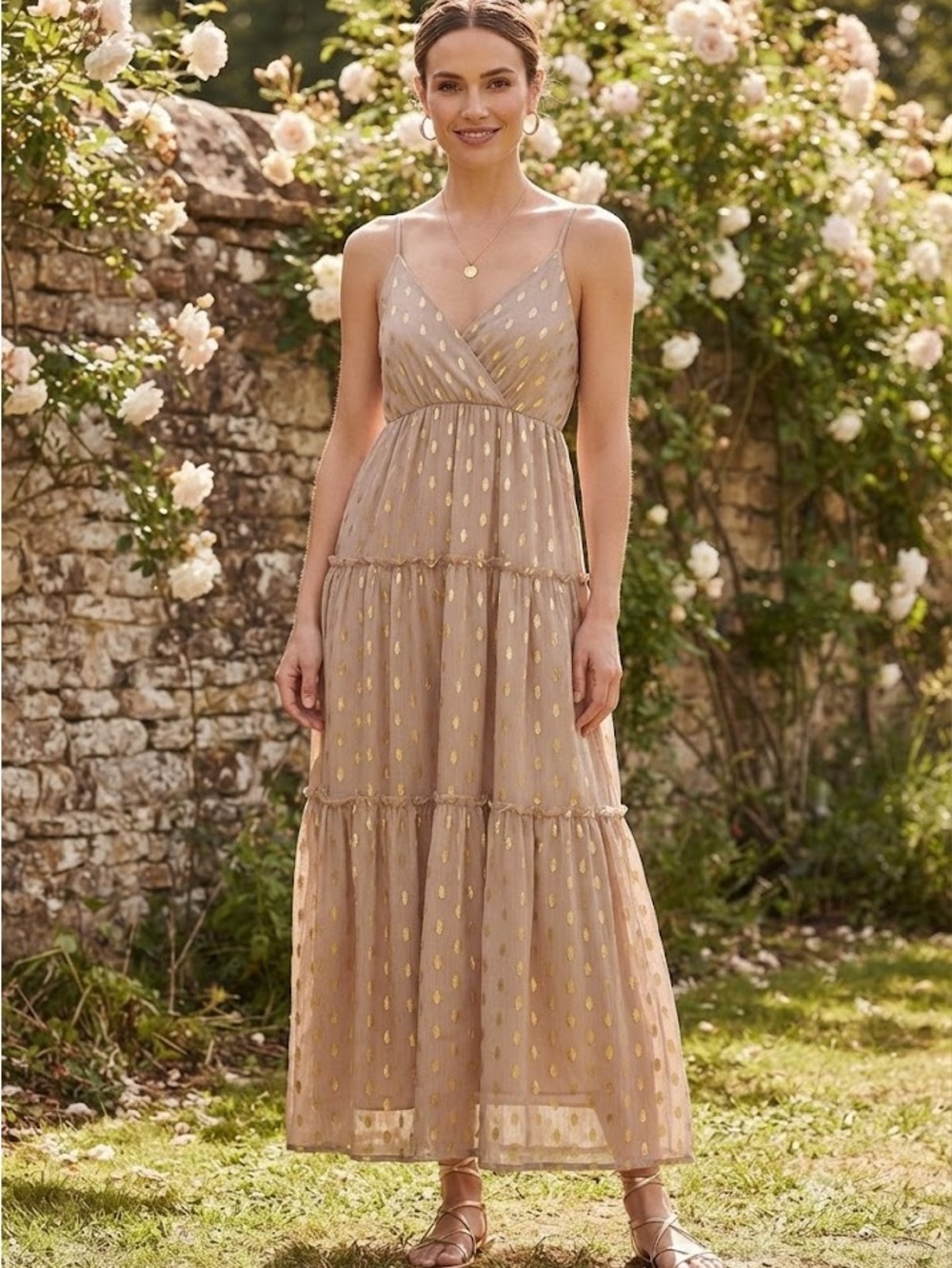 Altar'd State Beige Maxi Dress with Gold Foil Dots